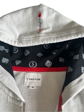 T Factor XL White Zip Hoodie with Black Printed Lining and GAMESTORY logo.